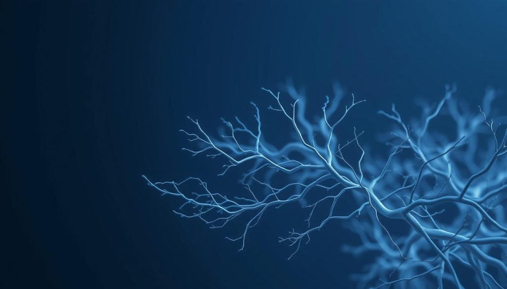 A tranquil scene of the human nervous system, delicately rendered in soothing shades of blue and gray. The intricate network of nerves and ganglia flow organically, creating a captivating, almost ethereal visual. Soft, indirect lighting casts a serene, contemplative atmosphere, inviting the viewer to appreciate the complex beauty of the body's internal workings. The composition is balanced and harmonious, with the nervous system occupying the foreground, surrounded by a subtle, minimalist background that allows the subject to take center stage. The overall effect is calming and meditative, perfectly suited to illustrate the restorative power of massage for stress management.