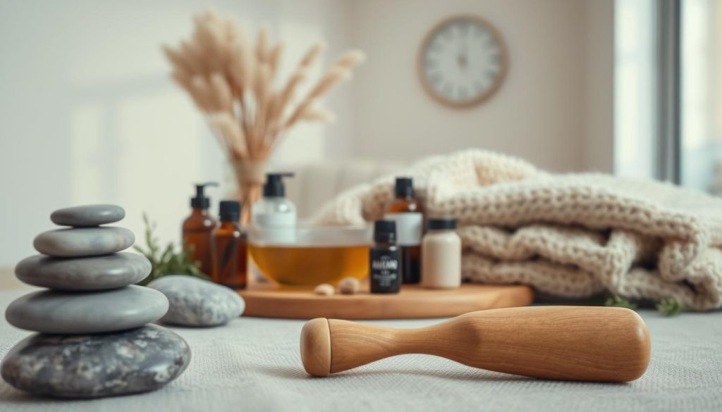 A tranquil scene of various relaxation techniques and self-care practices, captured in a serene and minimalist style. In the foreground, a stack of smooth river stones and a beautifully crafted wooden massage tool, evoking a sense of natural wellness. The middle ground features an array of calming herbal teas, essential oils, and a plush, inviting blanket, all bathed in soft, diffused lighting. The background showcases a tranquil, minimalist interior with muted tones and clean, geometric shapes, creating an atmosphere of harmony and rejuvenation.
