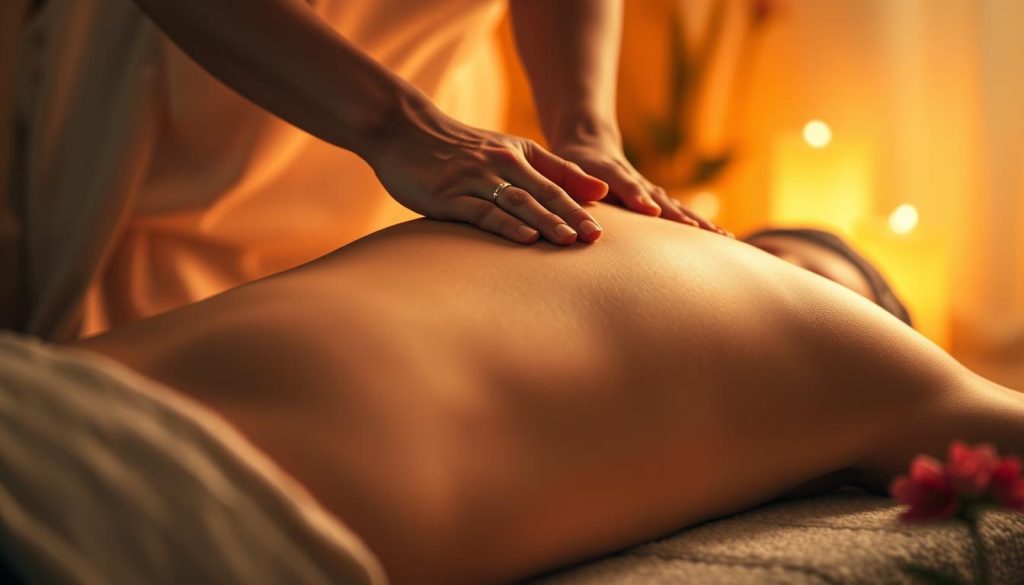 A tranquil scene showcasing a soothing massage technique that enhances blood circulation. A skilled masseuse's hands gently kneading the back of a relaxed figure, surrounded by a calming, dimly lit environment. Warm, soft lighting creates a serene atmosphere, complemented by subtle hints of natural elements like plants or flowers. The focus is on the massage action, capturing the essence of how this practice can promote improved blood flow and reduced stress levels.