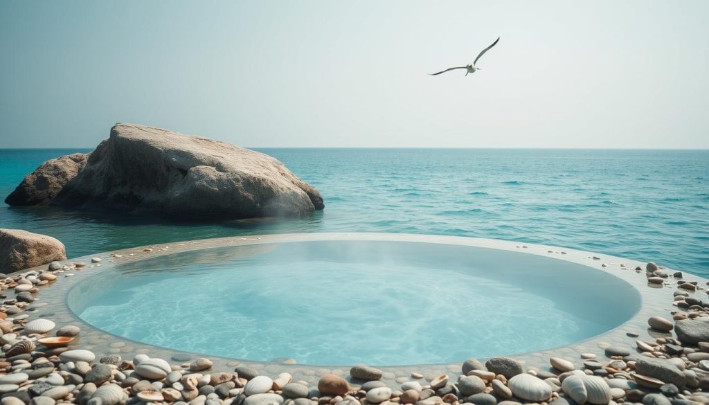 A tranquil seaside scene with a serene, minimalist spa-like setting. A large, flat rock formation protrudes from the turquoise waters, its surface adorned with scattered seashells and smooth pebbles. Soft, diffused lighting creates a soothing atmosphere, casting gentle shadows that accentuate the natural textures. In the center, a shallow pool of crystal-clear seawater reflects the sky's hazy, azure hue. Wisps of steam gently rise from the surface, evoking a sense of therapeutic relaxation. The background fades into a hazy horizon, with only the occasional seabird soaring across the serene landscape.