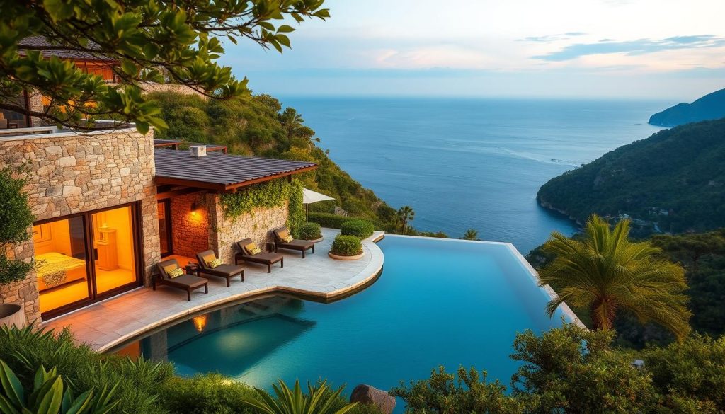 A tranquil seaside spa nestled amidst verdant hills, with sweeping views of the shimmering azure sea. The exterior features a harmonious blend of natural stone and wood, seamlessly integrated into the surrounding landscape. Warm, ambient lighting filters through large windows, casting a soothing glow over the serene environment. In the foreground, a serene outdoor pool reflects the picturesque scenery, surrounded by lush greenery and inviting lounge areas. In the distance, the horizon blends the sea and sky, creating a sense of boundless tranquility. The overall atmosphere evokes a luxury retreat, where guests can unwind and indulge in the restorative powers of nature.