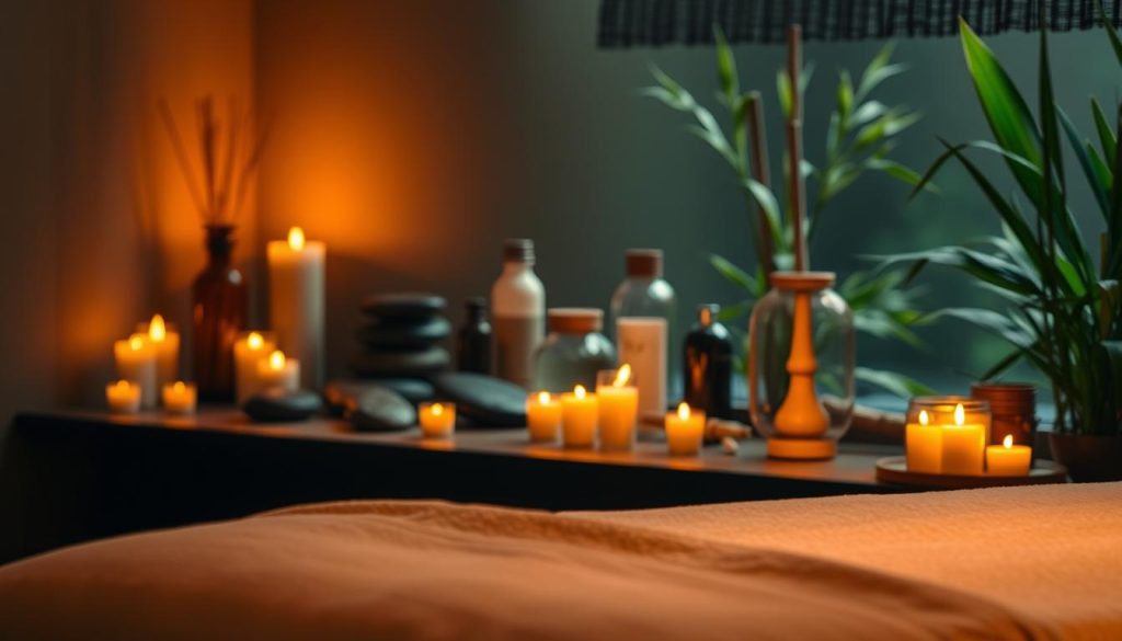 A tranquil spa-like setting with a serene, dimly lit atmosphere. In the foreground, a plush massage table with soft, luxurious linens, inviting the viewer to relax. Warm, flickering candlelight casts a golden glow, creating a calming, therapeutic ambiance. In the middle ground, various massage oil bottles and aromatherapy diffusers, hinting at the holistic, restorative nature of the massage experience. The background features soothing, natural elements like river stones, bamboo, and lush greenery, evoking a sense of harmony and balance. The overall scene exudes a sense of peacefulness and rejuvenation, perfectly capturing the importance and benefits of massage education.