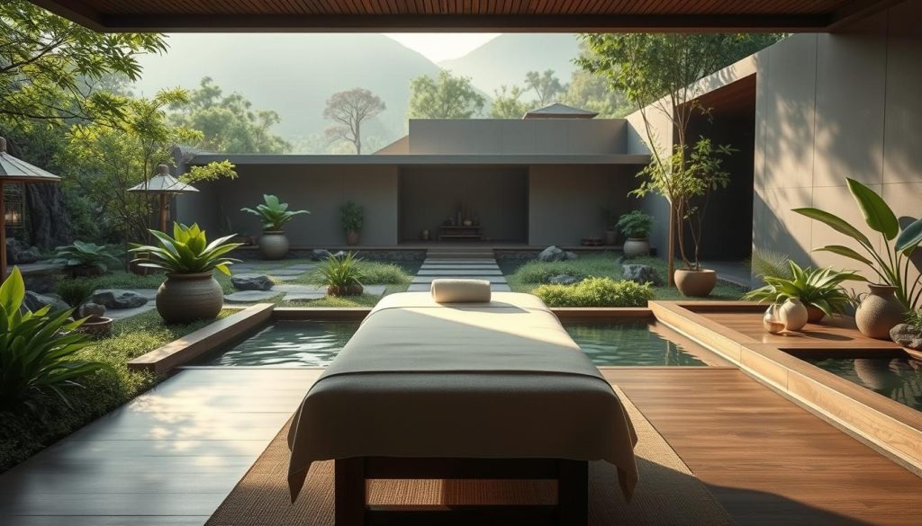 A tranquil spa-like setting with calming natural elements. A serene massage table stands in the foreground, surrounded by lush greenery and soothing water features. Soft, diffused lighting creates a warm, therapeutic ambiance. In the background, a minimalist, zen-inspired architecture blends seamlessly with the natural landscape. The scene conveys a deep sense of relaxation, wellness, and harmony between the physical body and the mind.