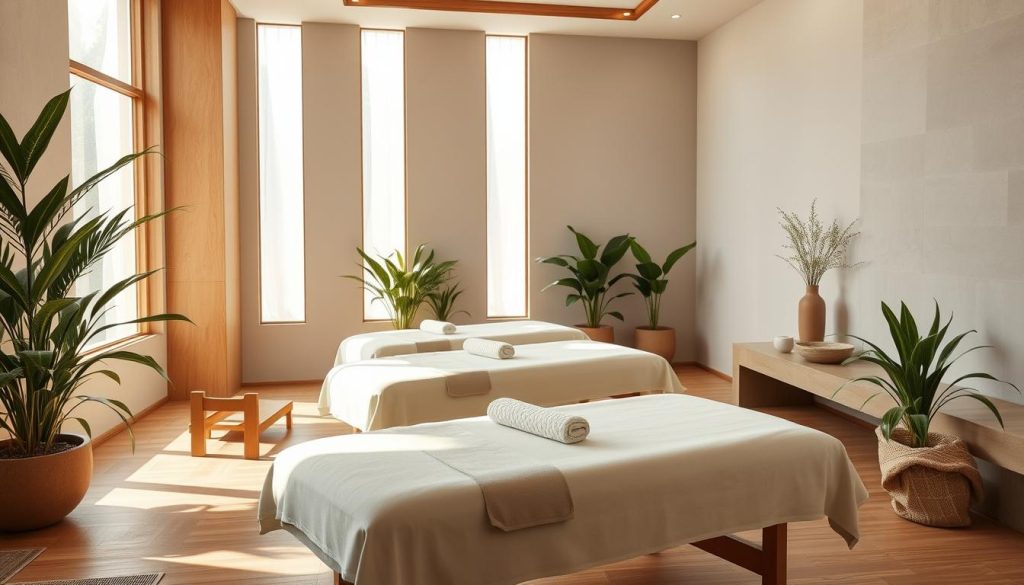 A tranquil spa-like setting, with natural lighting filtering through large windows. Soft, plush massage tables are arranged in a serene, inviting layout. Lush, verdant potted plants adorn the space, creating a calming, rejuvenating atmosphere. Warm, muted tones of wood and stone predominate, exuding a sense of balance and relaxation. Diffused lighting casts a gentle, soothing glow, accentuating the clean, minimalist design. The scene evokes a holistic, restorative experience, capturing the essence of the benefits of massage and the importance of self-care.
