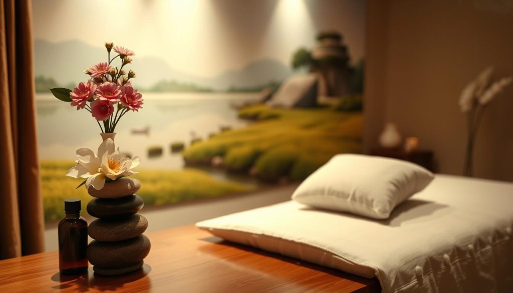 A tranquil spa-like setting with soft lighting and earthy tones, featuring an elegant table adorned with a vase of fresh flowers, a stack of therapeutic massage oils, and a plush massage cushion invitingly positioned. The background showcases a serene landscape painting or mural, conveying a sense of relaxation and well-being. The overall atmosphere is one of professionalism, attention to detail, and a commitment to customer satisfaction.
