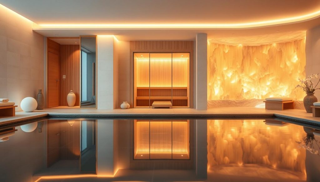 A tranquil spa sanctuary, bathed in warm, soft lighting. The foreground features a serene reflection pool, its surface unbroken, mirroring the surrounding decor. In the middle ground, an elegant, minimalist sauna with clean lines and a soothing, natural wood interior. The background showcases a serene salt room, the walls adorned with glistening salt formations that emit a calming glow. The overall atmosphere is one of relaxation, rejuvenation, and personal indulgence, inviting the viewer to unwind and experience the power of personalized care.