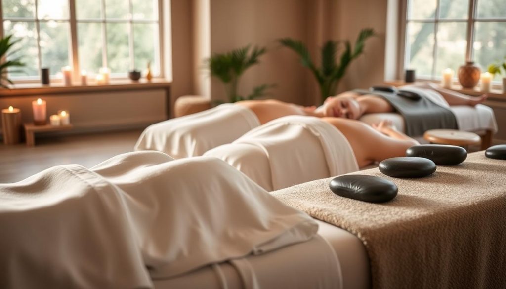 A tranquil spa scene with various massage techniques prominently displayed. A serene indoor setting with natural lighting filtering through large windows, revealing a selection of massage tables, aromatherapy candles, and essential oil diffusers. In the foreground, a relaxing Swedish massage with long, gliding strokes. In the middle ground, a deep tissue massage targeting muscle knots. In the background, a soothing hot stone massage with carefully placed basalt stones. The overall atmosphere is one of calm, rejuvenation, and a holistic approach to wellness.