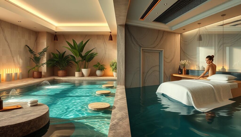 A tranquil spa setting featuring serene water features, soft lighting, and lush greenery, contrasted with a dynamic massage parlor showcasing a masseuse's skilled touch against a chic, modern interior. The image should highlight the distinct ambiances and experiences of these two pampering service types available in Istanbul, inviting the viewer to explore the nuances between the relaxing, holistic nature of spas and the targeted, therapeutic focus of massage therapy. Capture the scene with a wide-angle lens, emphasizing the spatial relationships and architectural details that define these spaces. Convey a sense of calming respite in the spa and invigorating restoration in the massage parlor through the use of soft, muted tones and cool, natural lighting.