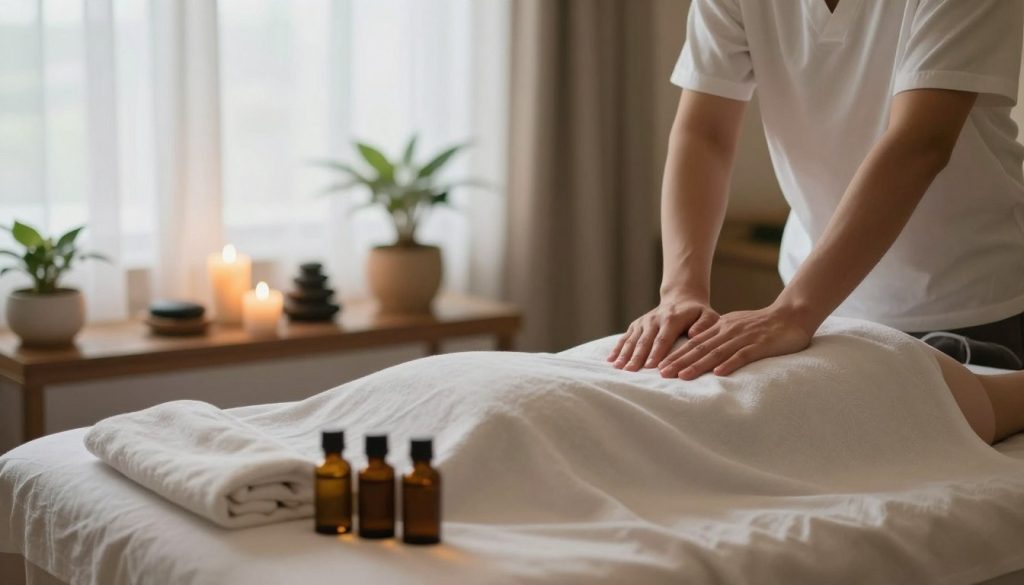A tranquil spa setting highlighting the effects of massage on health and well-being. In the foreground, a beautifully arranged massage table with soft linens and essential oils, reflecting a serene atmosphere. In the middle, soothing elements like candles, plants, and calming stones create a holistic vibe. The background features a softly lit room with gentle, diffused natural light coming through sheer curtains, enhancing the sense of relaxation. The overall mood is peaceful and rejuvenating, emphasizing the benefits of massage therapy. The composition should focus on the ambiance and environment, avoiding any human figures or text elements. A tranquil spa setting highlighting the effects of massage on health and well-being. In the foreground, a beautifully arranged massage table with soft linens and essential oils, reflecting a serene atmosphere. In the middle, soothing elements like candles, plants, and calming stones create a holistic vibe. The background features a softly lit room with gentle, diffused natural light coming through sheer curtains, enhancing the sense of relaxation. The overall mood is peaceful and rejuvenating, emphasizing the benefits of massage therapy. The composition should focus on the ambiance and environment, avoiding any human figures or text elements.
