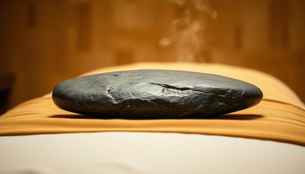 A tranquil spa setting with a smooth, polished volcanic stone placed atop a warm, earthy-toned massage table. Soft, diffused lighting casts a gentle glow, creating a calming atmosphere. The stone's rugged, natural texture contrasts with the plush, linen-covered surface, inviting relaxation. Subtle steam rises, hinting at the soothing, therapeutic warmth. The scene evokes a sense of grounding, as if connecting the body to the primal elements of the earth. Complementary aromatherapy oils and soothing musical undertones heighten the experience of deep, restorative relaxation.