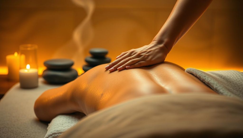 A tranquil spa setting with a soothing deep tissue massage in progress. The masseuse's skilled hands knead and manipulate the client's back, releasing tension and stress. Warm, diffused lighting casts a relaxing glow, complemented by the fragrance of essential oils wafting through the air. In the background, smooth river stones are arranged artfully, their thermal properties radiating a comforting heat. The scene evokes a sense of deep relaxation and renewed balance, a sanctuary from the bustling city outside.