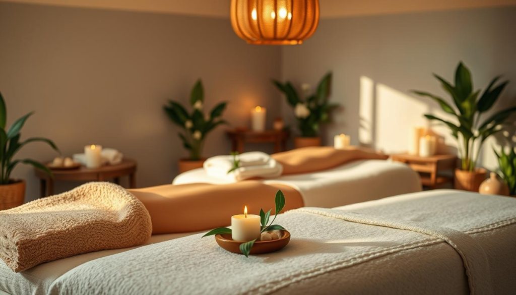 A tranquil spa setting with an array of massage modalities, including traditional Turkish, hot stone, aromatherapy, and deep tissue techniques. The scene is bathed in soft, natural lighting, creating a soothing and restorative ambiance. Plush towels, scented candles, and lush greenery adorn the space, evoking a sense of balance and mindfulness. The focus is on the diverse massage options available, each tailored to address specific mental and physical needs, promoting relaxation, focus, and overall well-being.