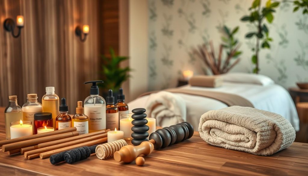A tranquil spa setting with an array of massage oils, lotions, and aromatherapy candles arranged on a wooden table. Soft, diffused lighting from sconces on the walls creates a warm, calming ambiance. In the foreground, a variety of massage tools and implements, such as bamboo sticks, stone massage rollers, and kneading tools, are displayed invitingly. The middle ground features plush, oversized towels and a cozy, inviting massage table, hinting at the indulgent experience to come. The background showcases a serene, nature-inspired backdrop, perhaps with subtle wallpaper patterns or lush, leafy plants, further enhancing the restorative atmosphere.