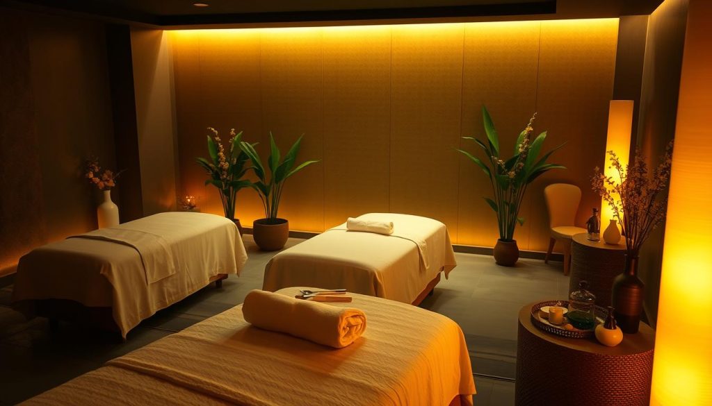 A tranquil spa setting with an array of massage techniques on display. A serene, dimly lit room with plush, inviting massage tables positioned throughout. Soft, warm lighting casts a soothing glow, creating a calming, meditative atmosphere. Lush greenery and delicate floral accents adorn the space, complementing the natural, therapeutic ambiance. Massage tools and oils are neatly arranged, hinting at the restorative treatments available. The camera captures the scene from a slight overhead angle, conveying a sense of relaxation and well-being. This image aims to visually encapsulate the luxurious yet affordable massage offerings found in Istanbul's diverse spa landscape.