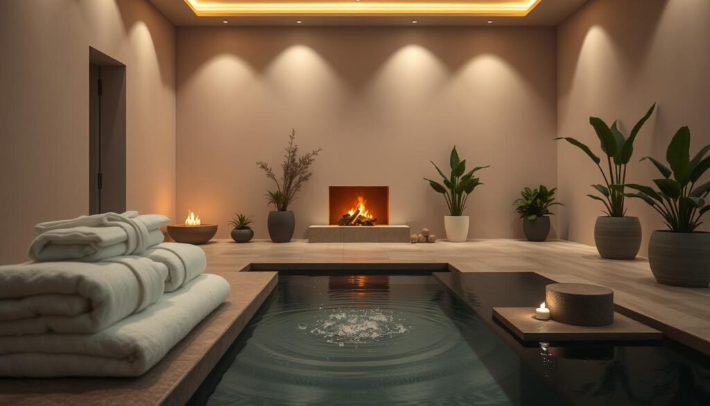 A tranquil spa setting with soft lighting and calming ambiance. Plush white towels and robes neatly folded, complemented by the gentle warmth of a crackling fireplace. Serene water features, such as a bubbling fountain or a minimalist reflecting pool, create a soothing soundscape. Lush potted plants and natural wood accents evoke a sense of natural harmony. Muted, earthy tones throughout, conveying a relaxing and rejuvenating atmosphere for a premium massage experience.