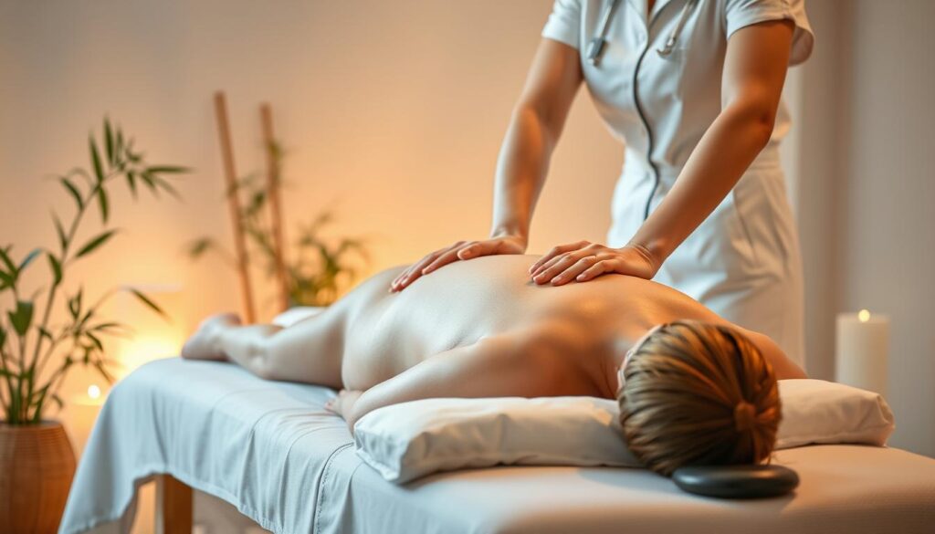 A tranquil spa setting with soft lighting and relaxing ambiance. A professional massage therapist, dressed in a clean, white uniform, gently massages the back of a client resting on a padded table. The therapist's hands work in smooth, flowing motions, utilizing classic massage techniques like Swedish, deep tissue, and trigger point therapy. Serene plants and natural elements like river stones or bamboo accents the soothing atmosphere. The overall scene conveys a sense of rejuvenation, wellness, and expert care.