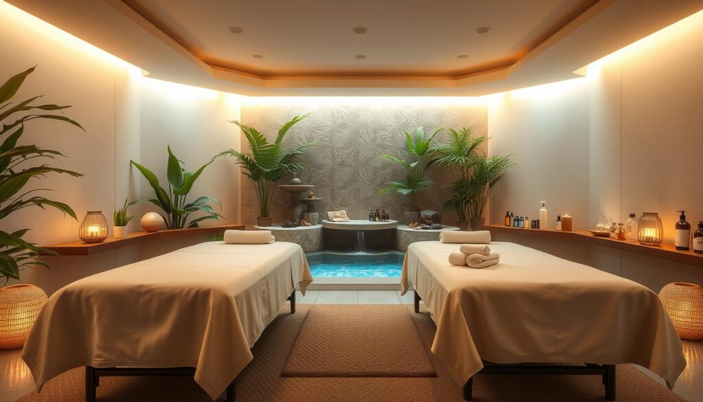 A tranquil spa setting with soothing lighting and aromatherapy diffusers filling the air with calming essential oils. Plush massage tables draped in crisp white linens await, surrounded by lush foliage and serene water features. Soft towels, massage oils, and other spa accoutrements are neatly arranged, creating a serene and inviting ambiance. The overall scene evokes a sense of relaxation and rejuvenation, perfectly capturing the essence of massage therapies and aromatherapy treatments.