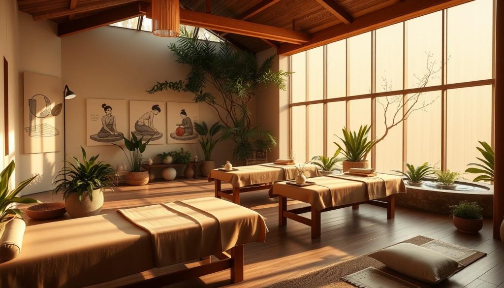 A tranquil, sunlit studio filled with the soothing ambiance of natural materials and soft lighting. Sleek wooden massage tables and plush cushions invite guests to relax and unwind. The walls display artful depictions of traditional massage techniques, guiding students through the art of therapeutic touch. Lush greenery and calming water features create a serene oasis, transporting visitors to a realm of holistic wellness. Diffused essential oils blend with the gentle hum of soft music, enveloping the space in a cocoon of restorative calm. This is the essence of a world-class massage education, where the art of healing comes alive in the heart of Istanbul.