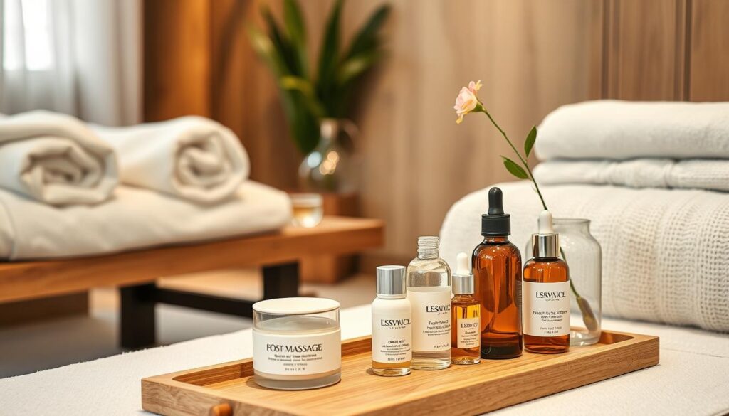 A tranquil, well-appointed spa room with soft lighting, natural textures, and an array of post-massage self-care products. Plush towels, a delicate ceramic bowl filled with fragrant essential oils, a small glass vase with a single fresh flower. In the foreground, a collection of high-quality skincare items - moisturizer, serum, and facial oil - arranged artfully on a minimalist wooden tray. A sense of calmness, rejuvenation, and luxurious self-care permeates the scene, inviting the viewer to indulge in a soothing, restorative experience.