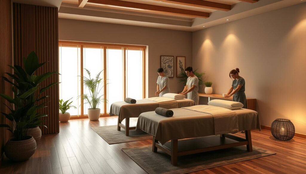 A tranquil wellness retreat, a team of expert masseuses expertly kneading away tension and stress. Soft lighting illuminates the serene, minimalist space, with natural wood accents and calming neutral tones. Plush massage tables await, flanked by lush potted greenery. An atmosphere of relaxation and rejuvenation permeates the scene, inviting weary patrons to unwind and indulge in the soothing, therapeutic touch of the skilled masseuses.