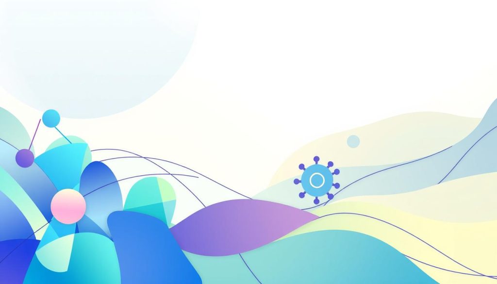 A vibrant, abstract illustration depicting "seans planı" (plan of sessions) in the context of strengthening the immune system through massage. The composition features geometric shapes, lines, and gradients in a harmonious color palette of blues, greens, and purples, evoking the concept of balance and interconnectedness. The foreground showcases dynamic, interlocking shapes that suggest the flow and rhythm of a massage session, while the middle ground features more organic, fluid forms that represent the immune system's response. The background is a soft, atmospheric gradient that sets a calming, contemplative tone. The overall image conveys a sense of holistic well-being and the synergistic relationship between massage and immune system function.