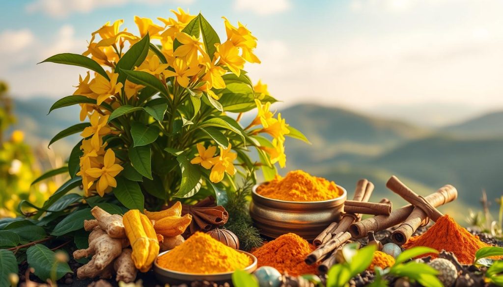 A vibrant and lush botanical scene showcasing the health benefits of zencefilin, a type of ginger. In the foreground, clusters of the plant's broad, green leaves and bright yellow flowers are bathed in warm, soft lighting, creating a sense of natural tranquility. In the middle ground, various medicinal herbs and spices, such as turmeric and cinnamon, are arranged harmoniously, hinting at the plant's potent healing properties. The background features a blurred, natural landscape, with rolling hills and a serene sky, evoking a peaceful, restorative atmosphere. The overall composition is balanced and visually striking, capturing the essence of natural remedies and their potential to alleviate discomfort.