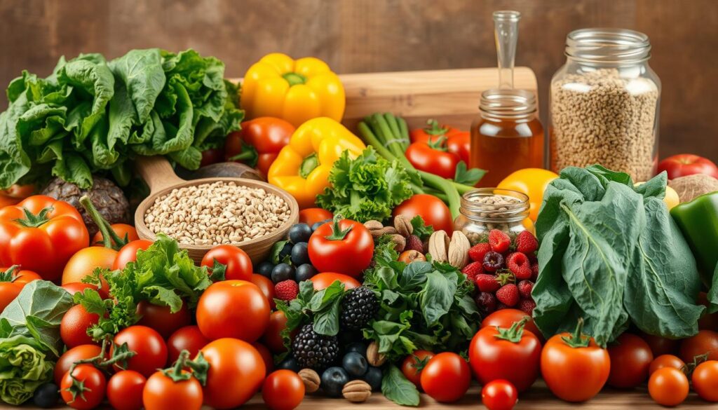 A vibrant and nourishing still life scene showcasing an assortment of fresh, colorful produce. In the foreground, an abundance of crisp vegetables and juicy fruits, such as leafy greens, bell peppers, tomatoes, and berries, are artfully arranged. The middle ground features a wooden cutting board with various whole grains, nuts, and a glass jar of honey, conveying the wholesome elements of a balanced diet. The background is softly lit, with warm, natural tones highlighting the earthy, organic quality of the scene. The overall composition radiates a sense of vitality and wellness, reflecting the principles of healthy eating.
