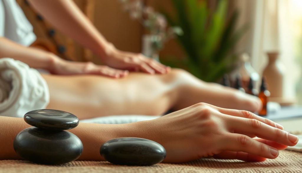 A vibrant composition showcasing an array of massage techniques. In the foreground, a soothing hot stone massage, with smooth, polished stones gently gliding across toned skin. In the middle ground, a deep tissue massage, strong hands kneading into tense muscles. The background features a tranquil aromatherapy session, essential oils diffusing into the air, creating a calming ambiance. Soft, natural lighting illuminates the scene, casting a warm, serene glow. The overall atmosphere is one of relaxation and rejuvenation, inviting the viewer to experience the restorative power of these diverse massage modalities.