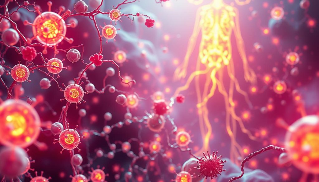 A vibrant, detailed scene showcasing the inner workings of the human immune system. In the foreground, glowing white blood cells and lymphocytes dance and swirl, their intricate structures and functions on full display. In the middle ground, a complex network of capillaries and vessels pulse with a vibrant, energetic rhythm, transporting essential nutrients and signaling molecules. In the background, a hazy, ethereal landscape of glowing organs and tissues, representing the various components of the body's natural defense mechanisms. The lighting is soft and diffused, creating a sense of harmony and balance. The overall composition conveys a sense of the power, resilience, and interconnectedness of the immune system, inspiring a renewed appreciation for the body's innate ability to protect and heal.