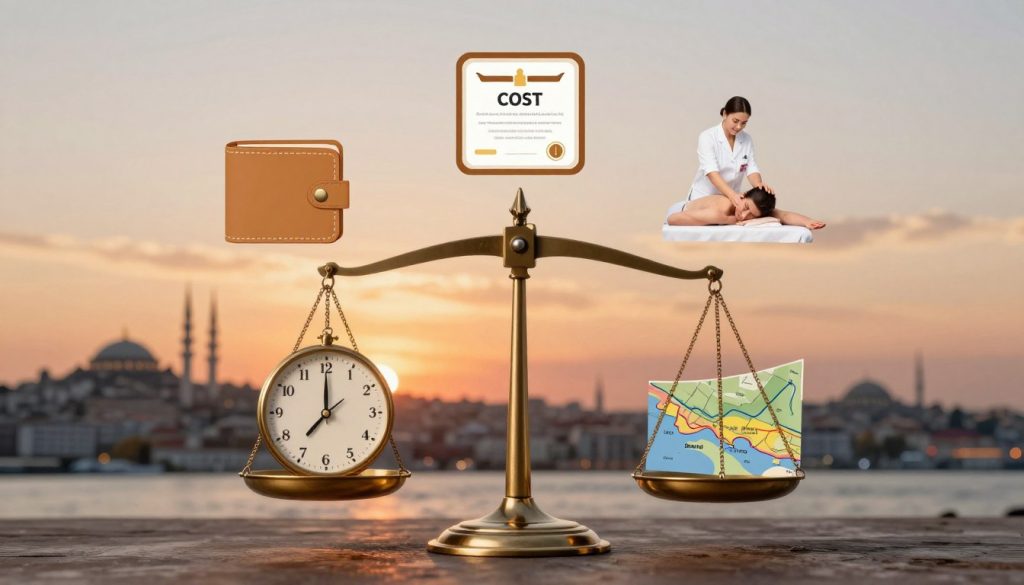 A visually engaging representation of the factors influencing massage pricing in Istanbul. In the foreground, showcase an elegant scale with various elements symbolizing pricing factors, like a clock for time, a map of Istanbul for location specificity, and a graph for demand trends. In the middle ground, include stylized icons like a wallet to symbolize cost, a certificate for quality, and a person receiving a professional massage in a serene environment to represent service quality. The background should feature a soft, atmospheric view of Istanbul’s skyline at sunset, creating a warm, inviting mood. Utilize soft, diffused lighting to highlight the elements distinctly, creating depth and intrigue while ensuring the overall image is polished and professional.