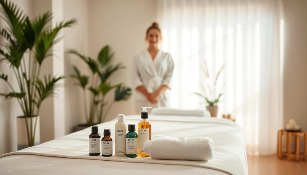 A well-lit, airy room with a massage table in the foreground. On the table, an array of massage oils and lotions are neatly arranged, conveying a sense of professionalism and care. In the middle ground, a massage therapist, dressed in clean, white linens, stands poised, ready to provide a personalized, therapeutic experience. The background features calming, natural elements like potted plants and soft, diffused lighting, creating a serene and tranquil atmosphere. The overall scene suggests a spa-like setting where clients can feel comfortable and confident in the expertise of the massage therapist.