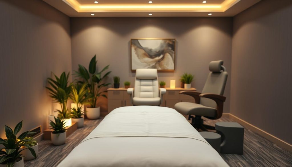 A well-lit corporate massage session in a modern, minimalist office setting. The foreground features a massage table with crisp white linens, surrounded by soothing potted plants and calming ambient lighting. The middle ground showcases the sleek, ergonomic massage chair with a plush cushioned seat and back. The background depicts a muted, sophisticated color palette of gray and beige walls, with subtle abstract wall art and discreet storage units. The overall atmosphere conveys a tranquil, rejuvenating experience tailored for busy professionals seeking stress relief in a professional, high-end corporate environment.