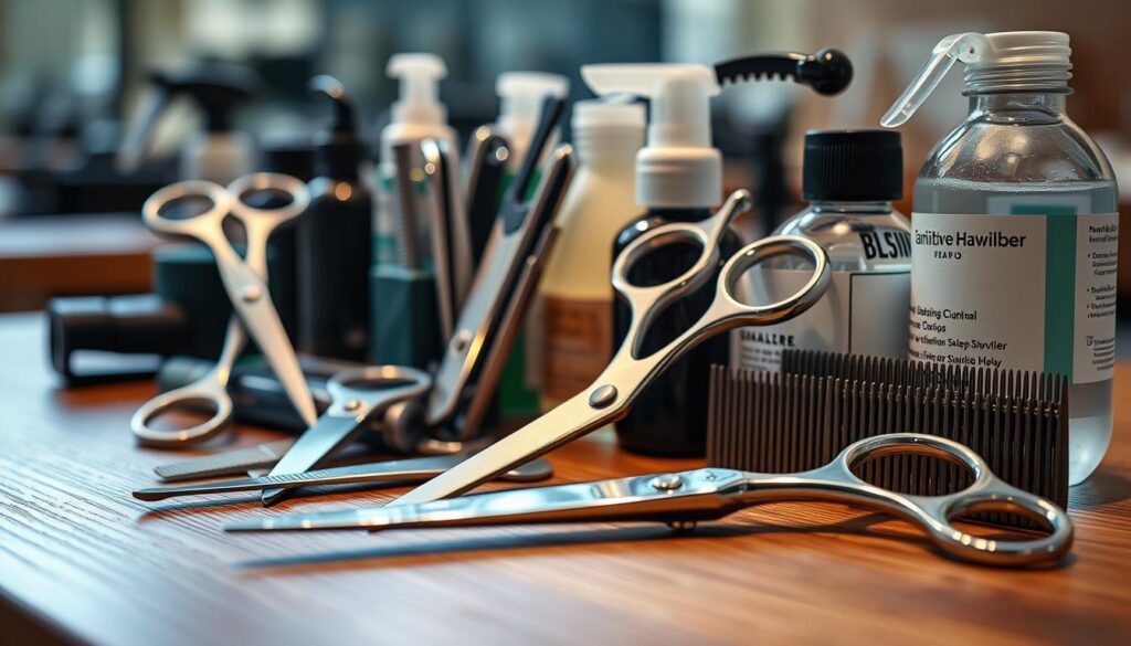 A well-lit, high-quality close-up shot of a set of professional barber tools and hygiene products, including scissors, razors, combs, and sanitizing solutions, neatly arranged on a wooden surface. The tools have a gleaming, well-maintained appearance, conveying a sense of precision and attention to detail. The background is slightly blurred, creating a shallow depth of field that emphasizes the foreground elements. The lighting is soft and even, accentuating the textures and materials of the tools. The overall atmosphere is one of cleanliness, professionalism, and attention to detail, reflecting the high standards of a reputable barber shop.