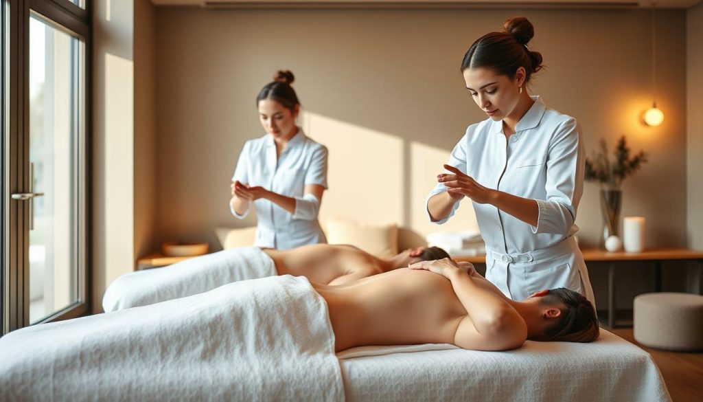 A well-lit, high-resolution image of three expertly trained massage therapists demonstrating their craft in a serene, modern spa setting. The masseuses are dressed in crisp white uniforms, their movements graceful and precise as they manipulate the muscles of their clients with skilled hands. Soft, natural lighting from large windows bathes the scene in a warm, calming glow. The background features plush, minimalist decor in soothing earth tones, creating an atmosphere of tranquility and rejuvenation. The overall impression is one of professionalism, expertise, and a deep commitment to the wellbeing of each individual.