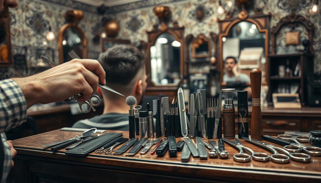 A well-lit, high-resolution image showcasing various hair cutting techniques commonly used in traditional Turkish barbershops. The foreground features the skilled hands of a barber precisely wielding sharp scissors and clippers to meticulously trim and shape a client's hair. The middle ground displays a diverse selection of specialized haircutting tools, such as straight razors, combs, and thinning shears, neatly arranged on a classic wooden barber's counter. The background captures the timeless ambiance of an authentic Istanbul barbershop, with ornate tilework, hanging mirrors, and antique fixtures evoking a sense of old-world craftsmanship and attention to detail. The overall scene conveys the expertise, artistry, and time-honored traditions inherent in the practice of Turkish barbering.