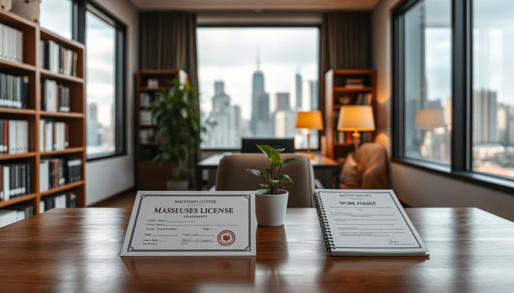 A well-lit, high-resolution photograph of a generic office interior. In the foreground, a wooden desk with a professional-looking masseuse's license and a security work permit document neatly arranged. A potted plant and a warm desk lamp provide a sense of tranquility. The middle ground shows bookshelves lining the walls, hinting at a professional, authoritative atmosphere. The background depicts a large window overlooking an urban cityscape, with soft natural light filtering in. The overall mood is one of diligence, legality, and a sense of retreat from the bustling city outside.