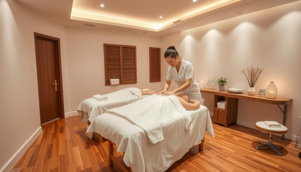 A well-lit, hygienic massage studio with a licensed therapist performing a professional treatment. The room is meticulously clean, with crisp white linens, gleaming hardwood floors, and soft ambient lighting. The therapist, dressed in a pristine white uniform, uses high-quality massage oils and employs gentle, soothing techniques. The overall atmosphere conveys a sense of tranquility, care, and adherence to the highest standards of hygiene and safety.