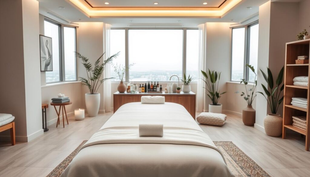 A well-lit, professional massage therapy studio with soothing neutral tones and clean, modern furnishings. In the foreground, an elegant massage table is neatly made up with crisp white linens. Soft, diffused lighting creates a tranquil ambiance, while carefully chosen plants and decorative elements add a touch of natural warmth. The middle ground features a selection of high-quality massage oils, lotions, and tools, arranged with care and attention to detail. In the background, a serene landscape or city skyline can be glimpsed through large windows, further enhancing the sense of relaxation and well-being.