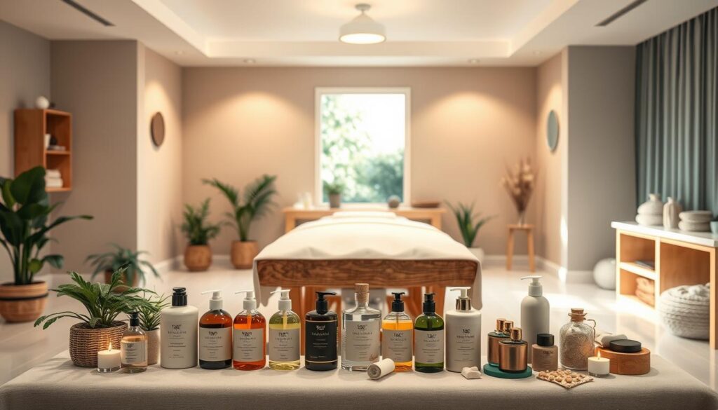A well-lit, spacious massage therapy studio with soft, muted tones. A wooden massage table in the center, surrounded by plants and soothing decor elements. Gentle lighting casts a warm, inviting glow, creating a tranquil atmosphere. The foreground features an array of massage oils, lotions, and tools meticulously arranged, conveying a sense of professionalism and attention to detail. The background showcases a serene, nature-inspired scene, perhaps with a hint of a window or doorway leading to an outdoor space. The overall composition exudes a calming, restorative energy, inviting the viewer to envision the experience of selecting a skilled, experienced massage therapist.