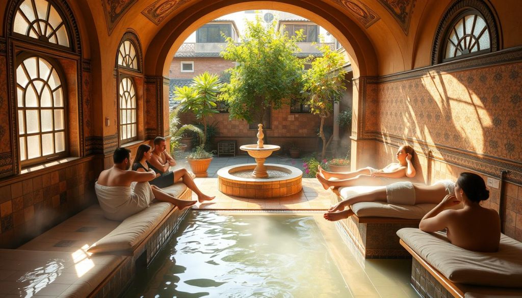 An authentic Turkish bath and spa experience, with a warm, inviting ambiance and a cozy, rustic atmosphere. Sunlight filters through ornate, arched windows, casting a gentle glow on the intricately tiled walls and floors. The steam-filled air carries the soothing scents of essential oils, as patrons recline on plush, cushioned benches, indulging in a rejuvenating massage or exfoliating scrub. In the background, a tranquil courtyard garden offers a serene escape, its lush greenery and trickling fountain creating a calming oasis amidst the bustling city. This budget-friendly yet luxurious experience immerses visitors in the timeless traditions of Turkish bathing culture, offering a truly immersive and relaxing retreat.