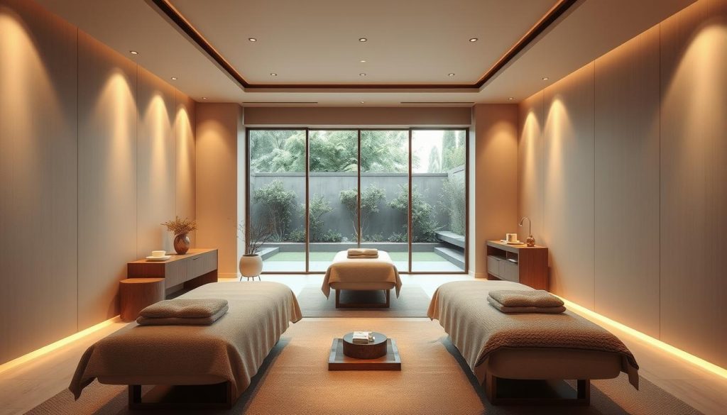 An elegant and serene massage room with a minimalist design. The space is bathed in warm, diffused lighting that creates a calming ambiance. Smooth, natural materials like wood and stone are used throughout, complemented by plush, textured fabrics in muted tones. Sleek, modern furniture and fixtures are arranged with meticulous attention to detail, forming a harmonious and visually pleasing composition. Large windows offer a tranquil garden view, blending the indoor and outdoor spaces seamlessly. An atmosphere of refined sophistication and wellness pervades the entire scene, inviting visitors to enter a sanctuary of relaxation and aesthetic delight.