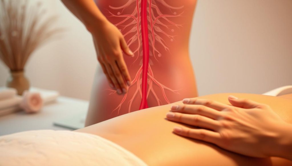An elegant and serene scene depicting the process of lymphatic drainage massage. In the foreground, skilled hands gently manipulate the skin, guiding the lymph fluid's natural flow. The middle ground showcases the anatomy of the lymphatic system, with delicate vessels and nodes subtly visible. The background features a soothing, pastel-toned environment, evoking a sense of calm and tranquility. Soft, diffused lighting creates a warm, therapeutic atmosphere, highlighting the delicate, intricate movements of the massage. The overall composition conveys the restorative and rejuvenating nature of this specialized technique.