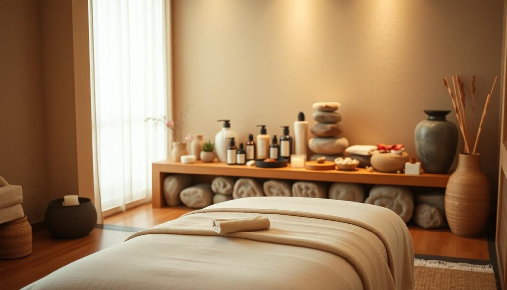 An elegant and serene spa setting, featuring a tranquil space with soft lighting and natural elements. In the foreground, a traditional East Asian massage table is positioned, adorned with delicate fabrics and accents. The middle ground showcases a collection of massage oils, lotions, and tools, arranged with care and precision. In the background, a harmonious blend of natural textures, such as bamboo, stone, and wood, creates a calming and rejuvenating atmosphere. The overall scene evokes a sense of mindfulness, relaxation, and the unique, time-honored massage techniques of the Far East.