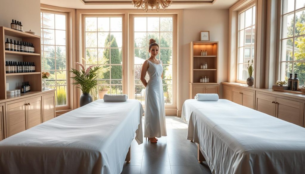 An elegant and tranquil massage studio in the heart of Istanbul, bathed in soft natural light filtering through large windows. Plush massage tables stand ready, adorned with crisp white linens. Shelves display an array of therapeutic oils and lotions, their labels neatly organized. In the background, a serene garden vista adds to the calming ambiance. The space exudes professionalism and attention to detail, setting the stage for an exceptional, luxurious massage experience. A skilled masseuse, poised and attentive, waits to guide clients on a journey of relaxation and rejuvenation.