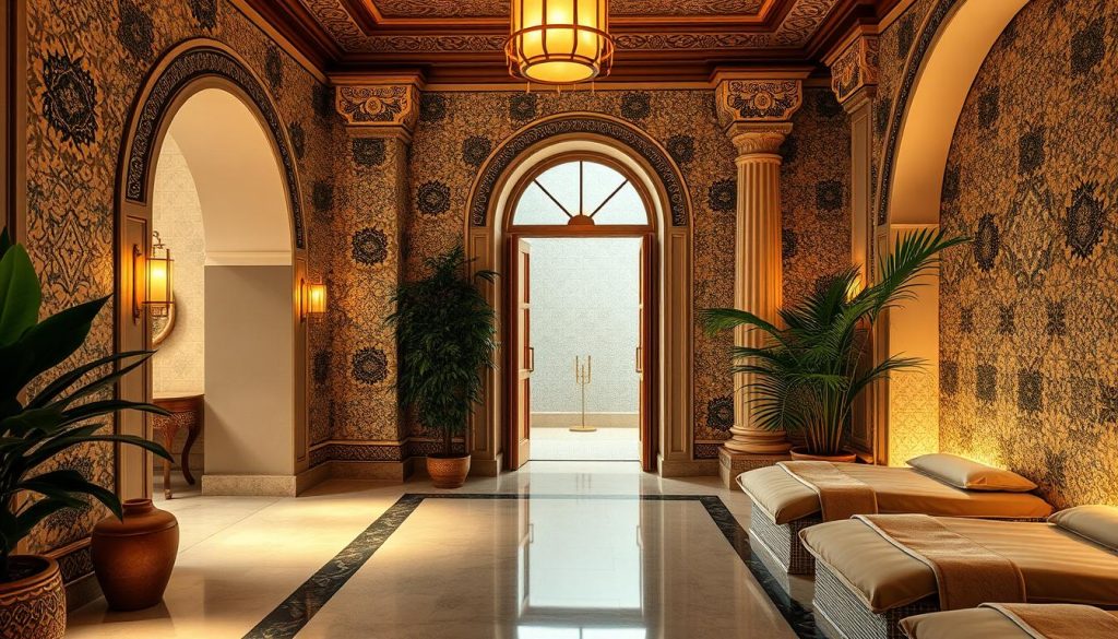 An elegant interior of an Istanbul spa, bathed in soft, warm lighting. Intricate Turkish tile work adorns the walls, creating a timeless, atmospheric ambiance. Plush, luxurious fabrics and textures evoke a sense of tranquility and indulgence. Ornate architectural details, such as arched doorways and decorative columns, frame the serene scene. Lush, verdant potted plants and subtle hints of gold accents enhance the overall opulent, yet serene, aesthetic. The space exudes a timeless, sophisticated charm that captures the essence of Istanbul's rich wellness heritage.