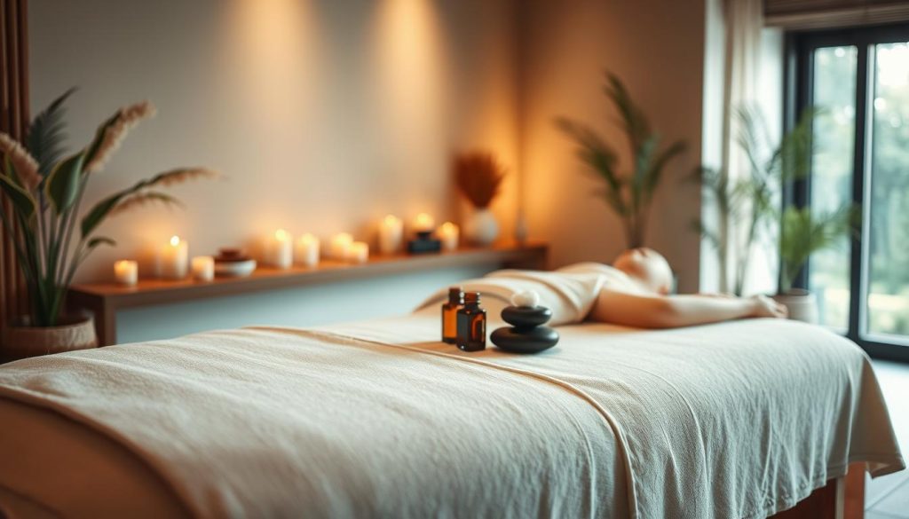 An elegant spa environment showcasing the effects of massage on the human body, with a soothing atmosphere. In the foreground, a beautifully arranged massage table adorned with soft linens and calming essential oils. The middle ground features serene elements like candles and smooth stones, instilling a sense of relaxation. The background depicts a tranquil room with gentle lighting, soft textures, and organic elements such as plants, creating an inviting ambiance. Highlight the interplay of light and shadows to emphasize the tranquility, using a warm color palette. The overall mood should exude wellness, balance, and harmony, invoking the healing power of massage in a professional and serene spa setting.
