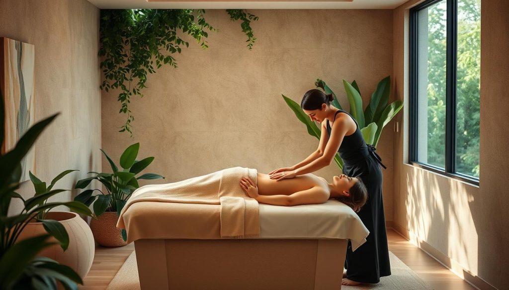 An elegant spa interior with lush greenery, natural light, and soothing tones. A skilled masseuse kneads and relaxes a client on a padded massage table, their face obscured. The room is filled with the aroma of essential oils, the soft sounds of calming music, and the gentle touch of expert hands. Textured walls, plush fabrics, and minimalist decor create a tranquil, rejuvenating atmosphere. The scene invites the viewer to imagine the indulgent, therapeutic experience of the finest massage in Istanbul.