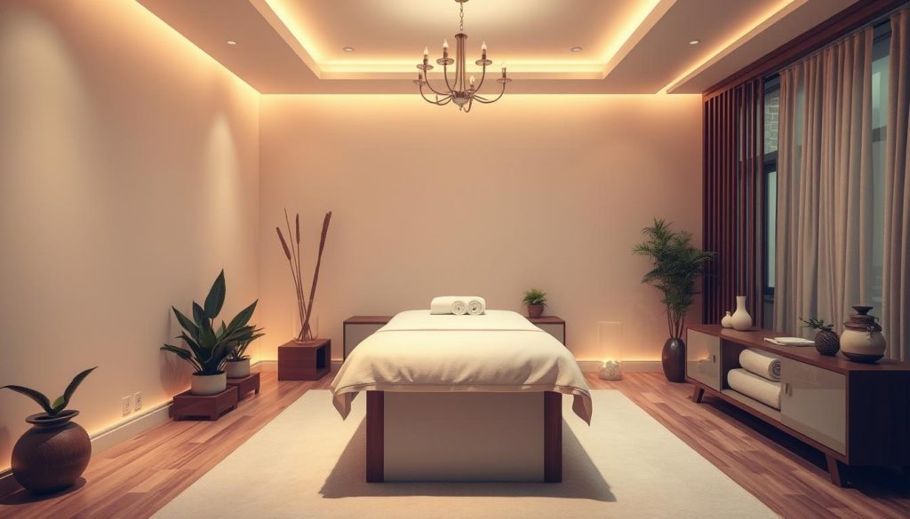 An elegantly designed massage parlor interior, bathed in warm, soothing lighting. A plush, inviting massage table takes center stage, surrounded by natural elements like potted plants and wooden accents. The atmosphere exudes tranquility and relaxation, with soft textures and muted colors creating a calming ambiance. Luxurious linens and spa-like amenities hint at the pampering experience awaiting the client. Harmonious lines and a minimalist aesthetic convey a sense of professionalism and attention to detail, promising a rejuvenating and indulgent massage session.