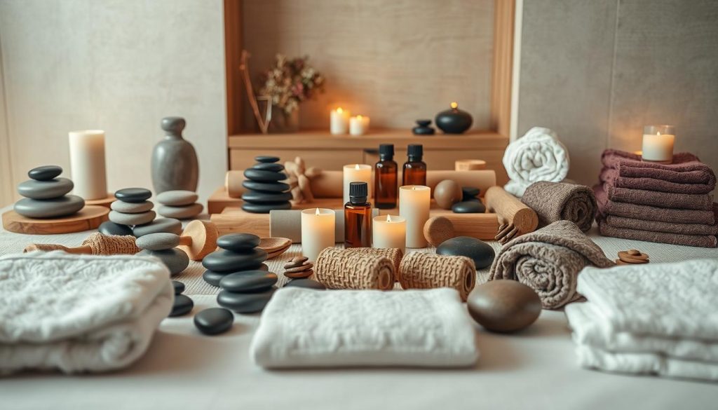 An expansive display of massage modalities, captured in a harmonious arrangement. A tranquil setting with minimalist decor showcases an array of massage tools - from smooth river stones and fragrant essential oils to therapeutic rollers and plush towels. Soft lighting casts a warm, relaxing glow, while muted tones of wood, stone, and fabric evoke a sense of natural calm. The composition emphasizes the variety of massage techniques available, hinting at the professional expertise and personalized care offered by Masöz Güneşli. This image aims to visually represent the diverse range of services within the "Masöz Güneşli's Service Varieties" section.