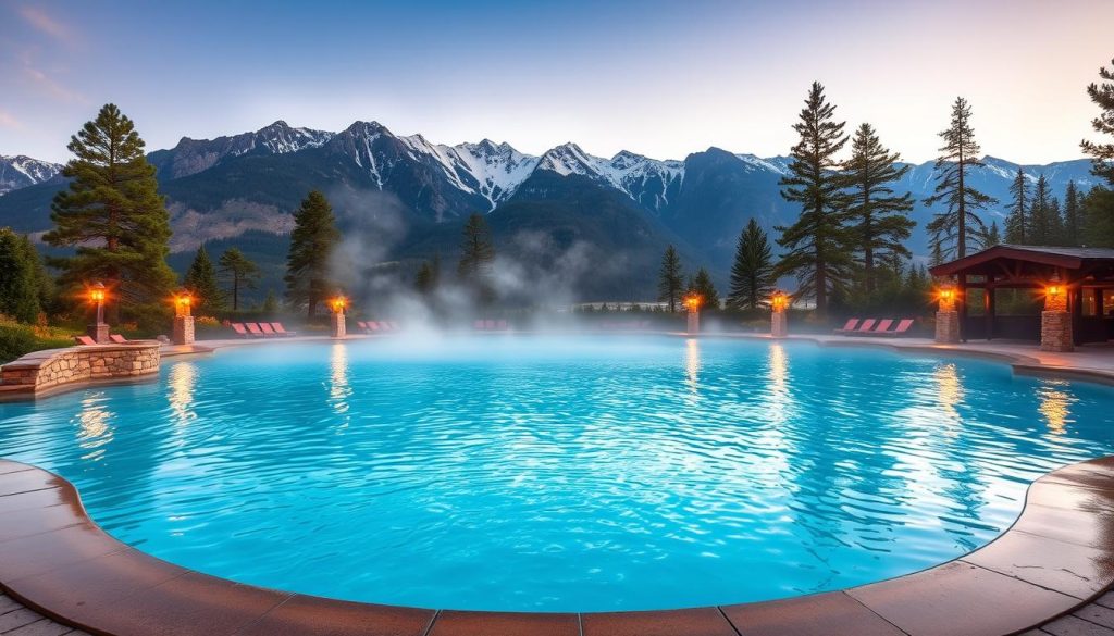 An expansive thermal pool set against a backdrop of rugged, snow-capped mountains. The inviting turquoise waters are enveloped in a gentle mist, creating a serene and rejuvenating atmosphere. Warm, ambient lighting casts a soft glow, complementing the natural stone surroundings. Lush greenery and towering pine trees frame the scene, blending the manmade and the natural. The pool's smooth, curved edges lead the eye inward, inviting visitors to immerse themselves in the therapeutic waters and bask in the tranquility of this idyllic thermal oasis.